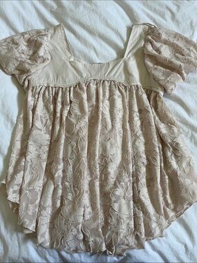Free People Sunrise to Sunset top cream floral lace sheer puff sleeve babydoll